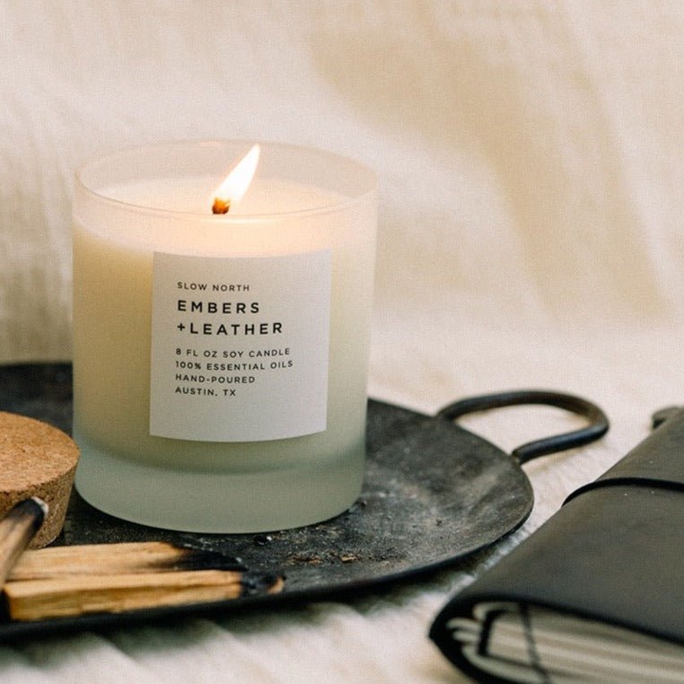 Slow North Embers + Leather | Vetiver + Cedar + Patchouli | Frosted Candle, 8 oz - lily & onyx