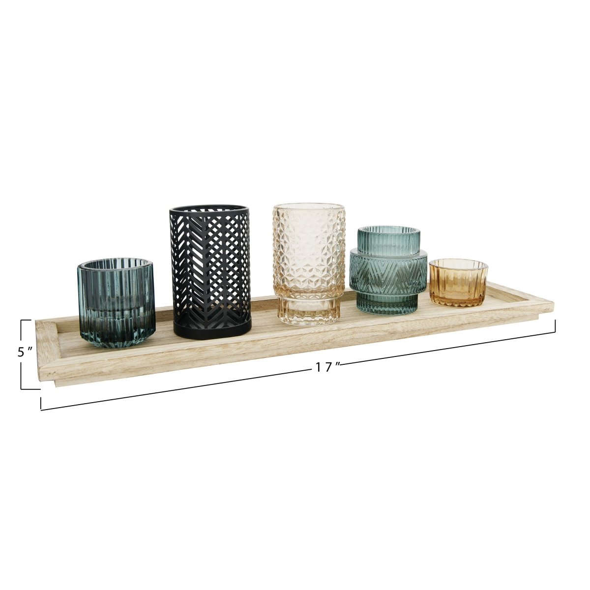 lily & onyx Embossed Glass & Metal Tealight Holders On Rectangle Wood Tray - lily & onyx
