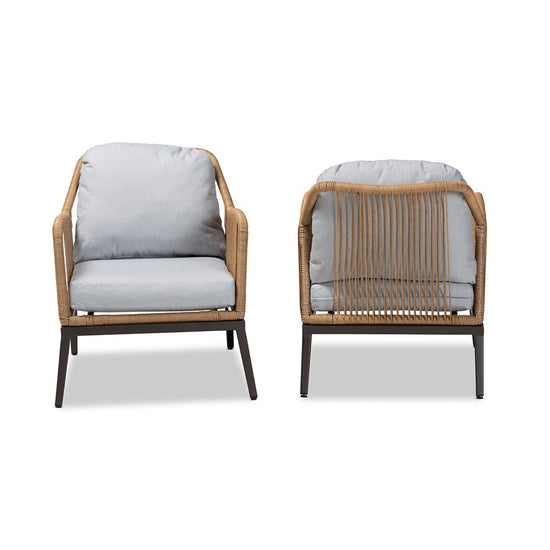Baxton Studio Endecott Modern & Contemporary Grey Fabric & Brown Synthetic Rattan 2 Piece Patio Chair Set - lily & onyx