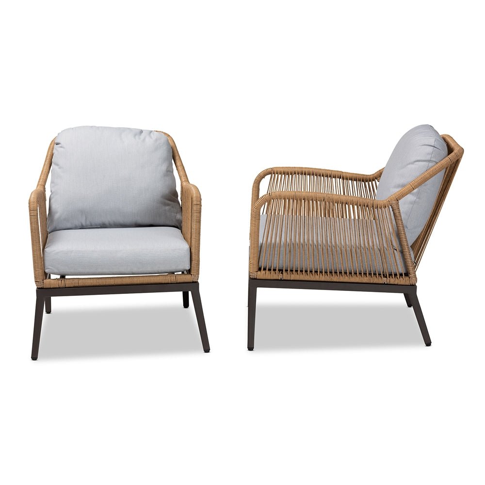 Baxton Studio Endecott Modern & Contemporary Grey Fabric & Brown Synthetic Rattan 2 Piece Patio Chair Set - lily & onyx