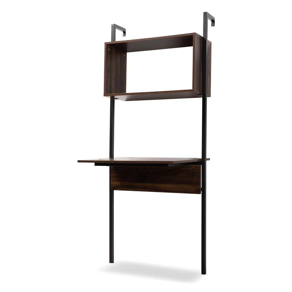 Baxton Studio Fariat Modern Industrial Walnut Brown Finished Wood And Black Metal Display Shelf With Desk - lily & onyx