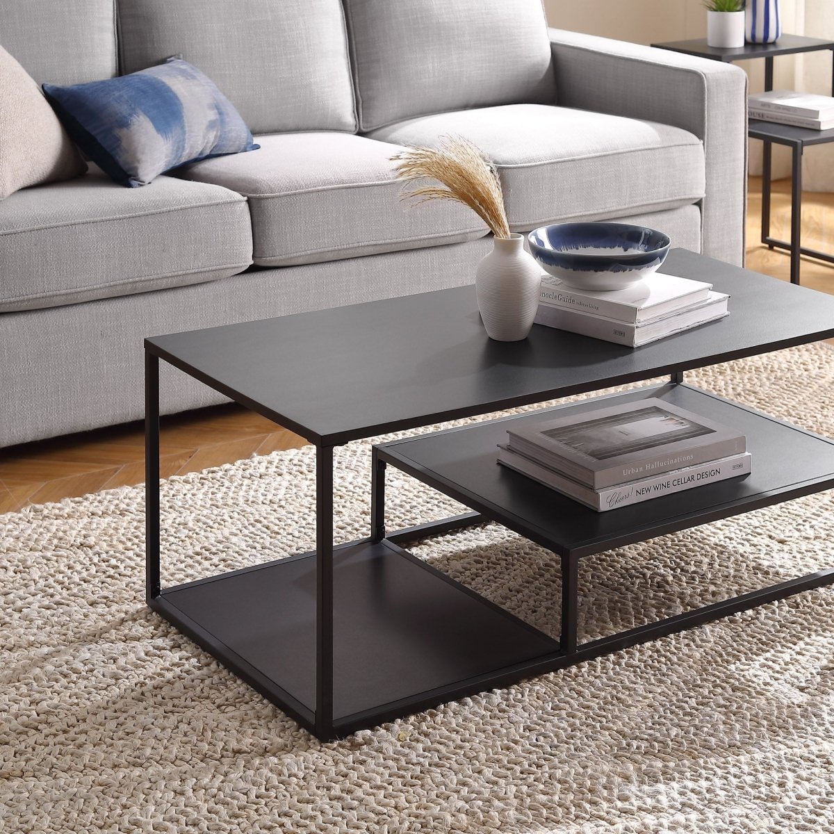 Walker Edison Fasi 40" Metal and Wood Coffee Table with Tiered Shelves - lily & onyx