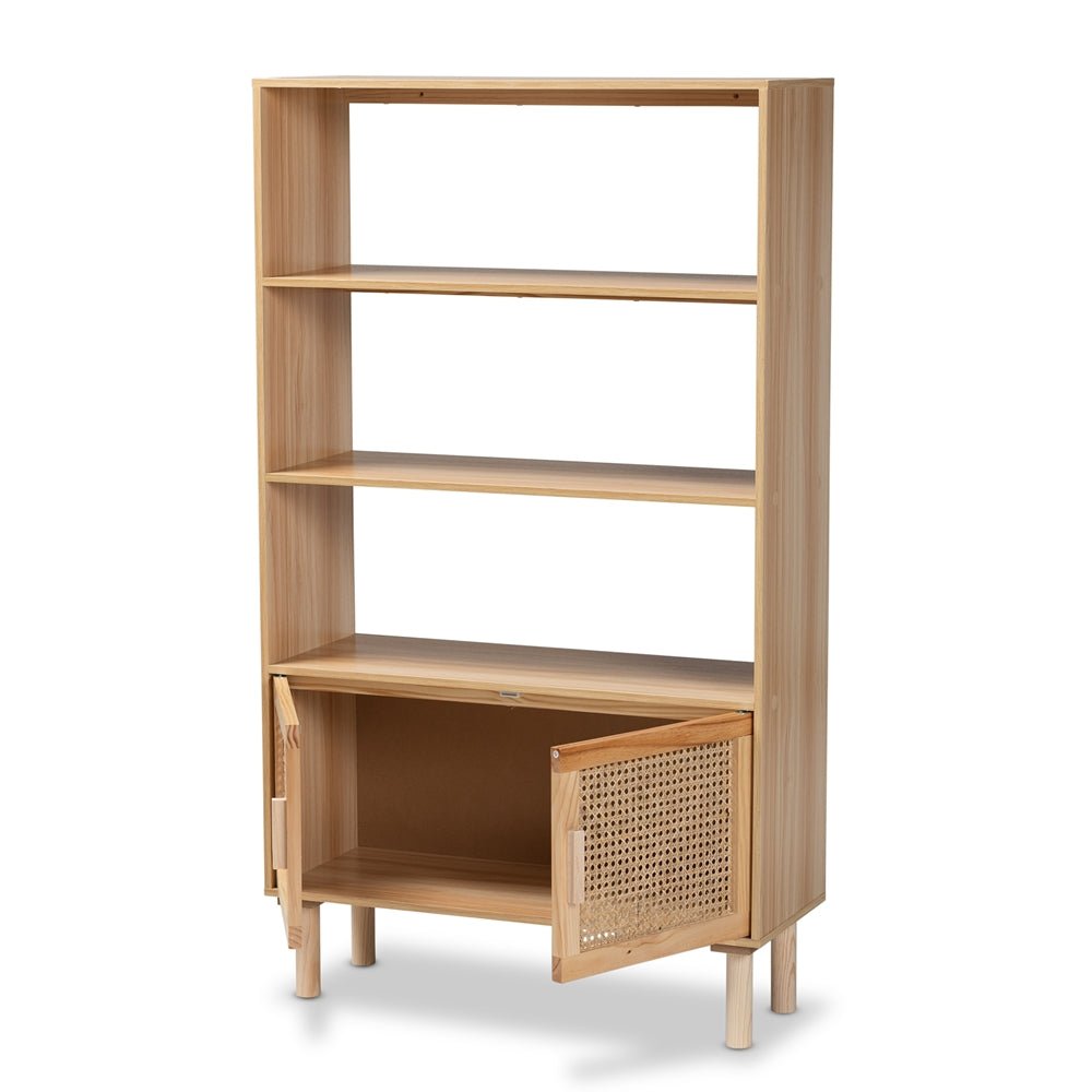 
                      
                        Baxton Studio Faulkner Mid Century Modern Natural Brown Finished Wood And Rattan 2 Door Bookcase - lily & onyx
                      
                    