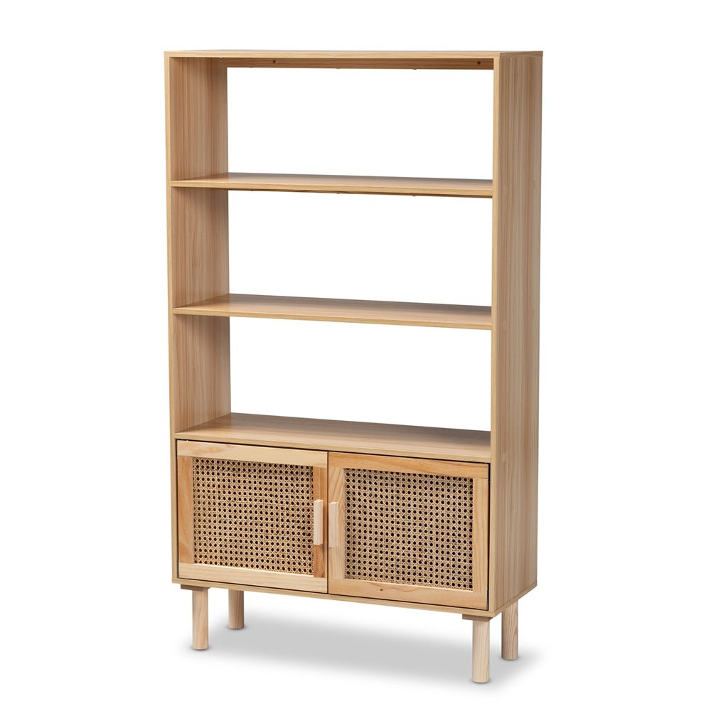 
                      
                        Baxton Studio Faulkner Mid Century Modern Natural Brown Finished Wood And Rattan 2 Door Bookcase - lily & onyx
                      
                    