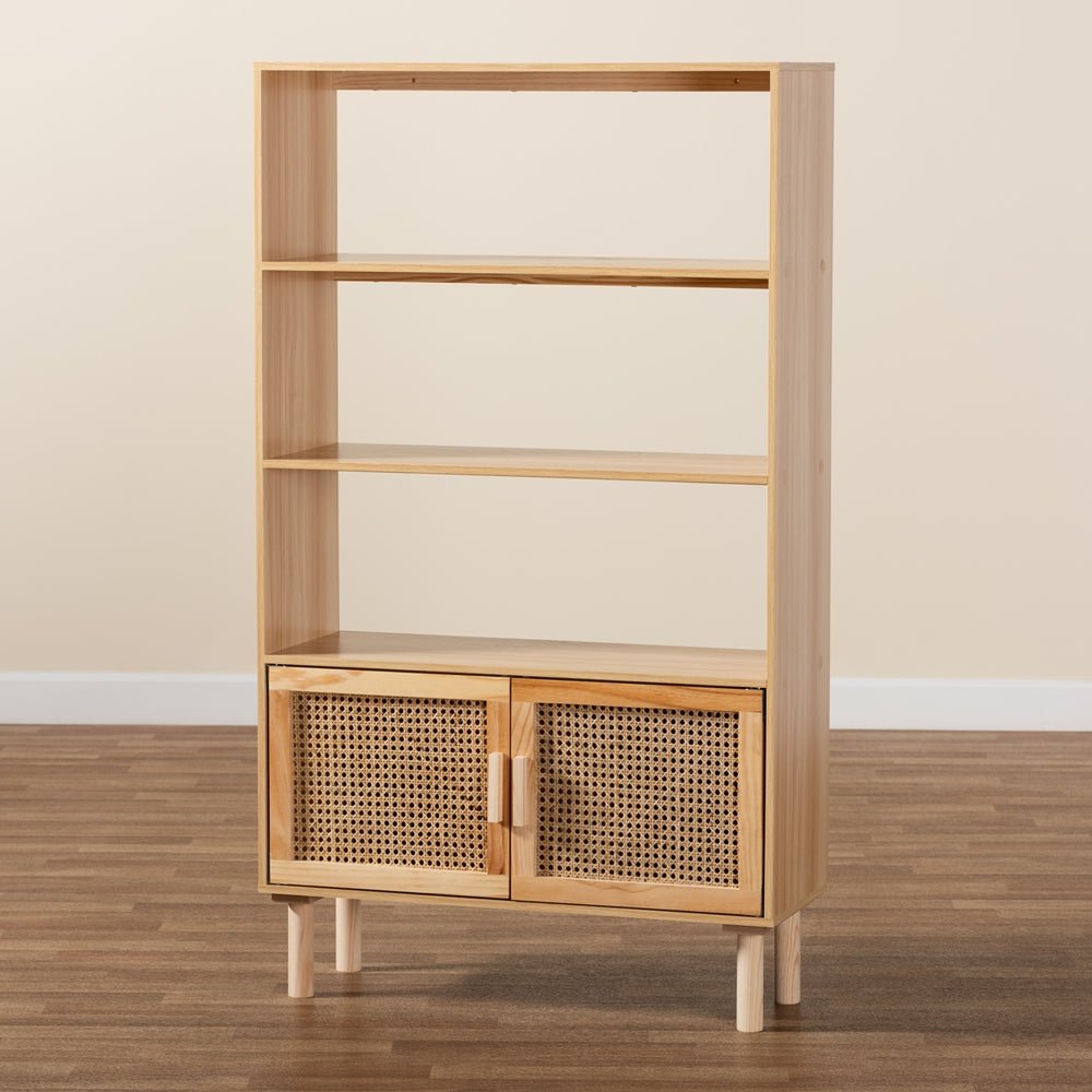 
                      
                        Baxton Studio Faulkner Mid Century Modern Natural Brown Finished Wood And Rattan 2 Door Bookcase - lily & onyx
                      
                    