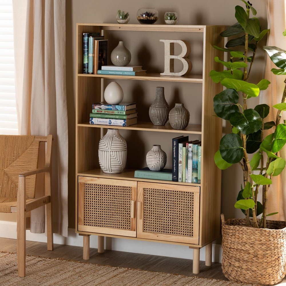 
                      
                        Baxton Studio Faulkner Mid Century Modern Natural Brown Finished Wood And Rattan 2 Door Bookcase - lily & onyx
                      
                    