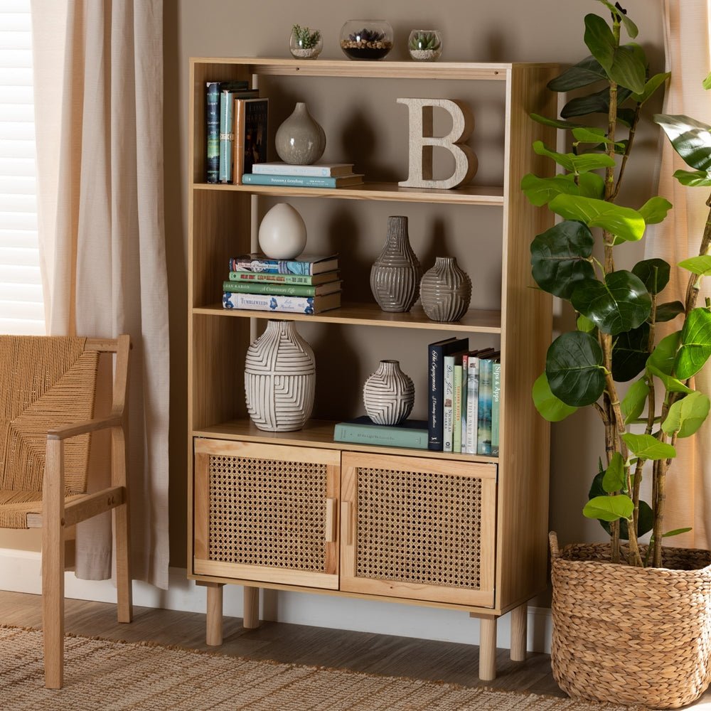 Baxton Studio Faulkner Mid Century Modern Natural Brown Finished Wood And Rattan 2 Door Bookcase - lily & onyx