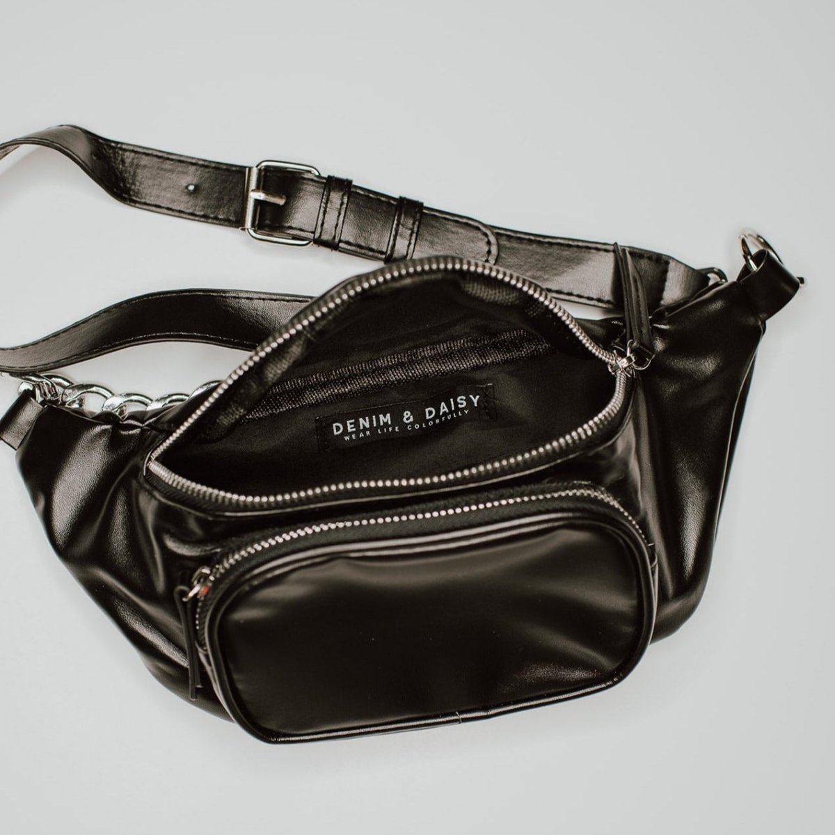 Denim & Daisy Faux Leather Chain Fanny Pack, Black - lily & onyx