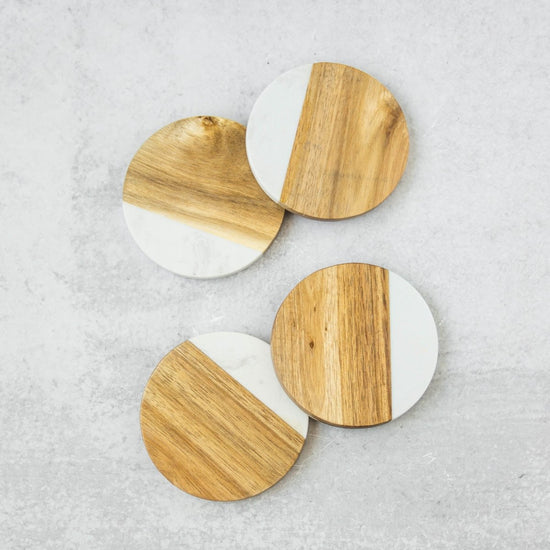 lily & onyx Faux Marble & Acacia Wood Round Coasters - lily & onyx