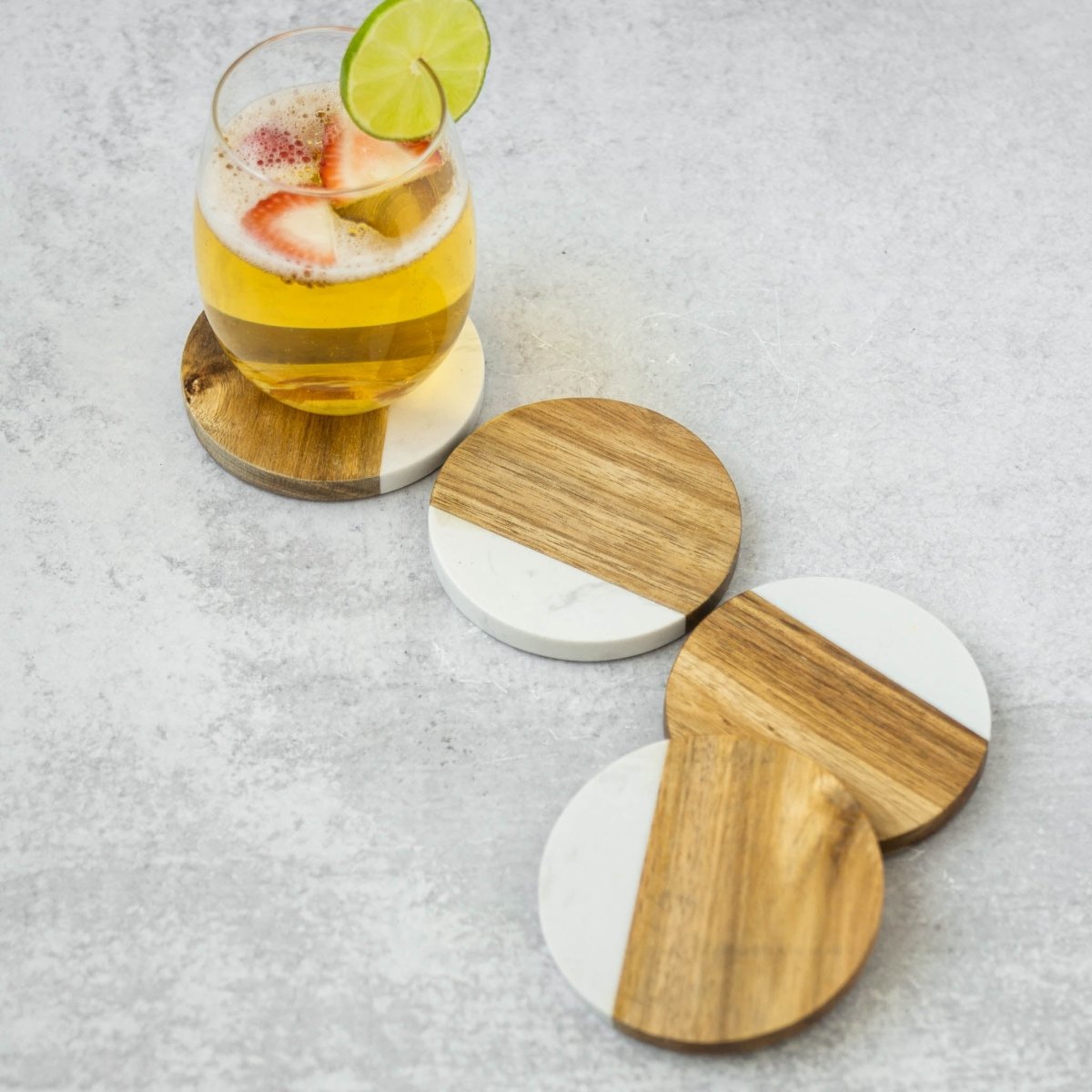 lily & onyx Faux Marble & Acacia Wood Round Coasters - lily & onyx