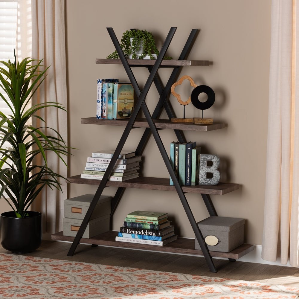 Baxton Studio Fiera Industrial Rustic Walnut Finished Wood And Black Metal 4 Tier Living Room Display Shelf - lily & onyx