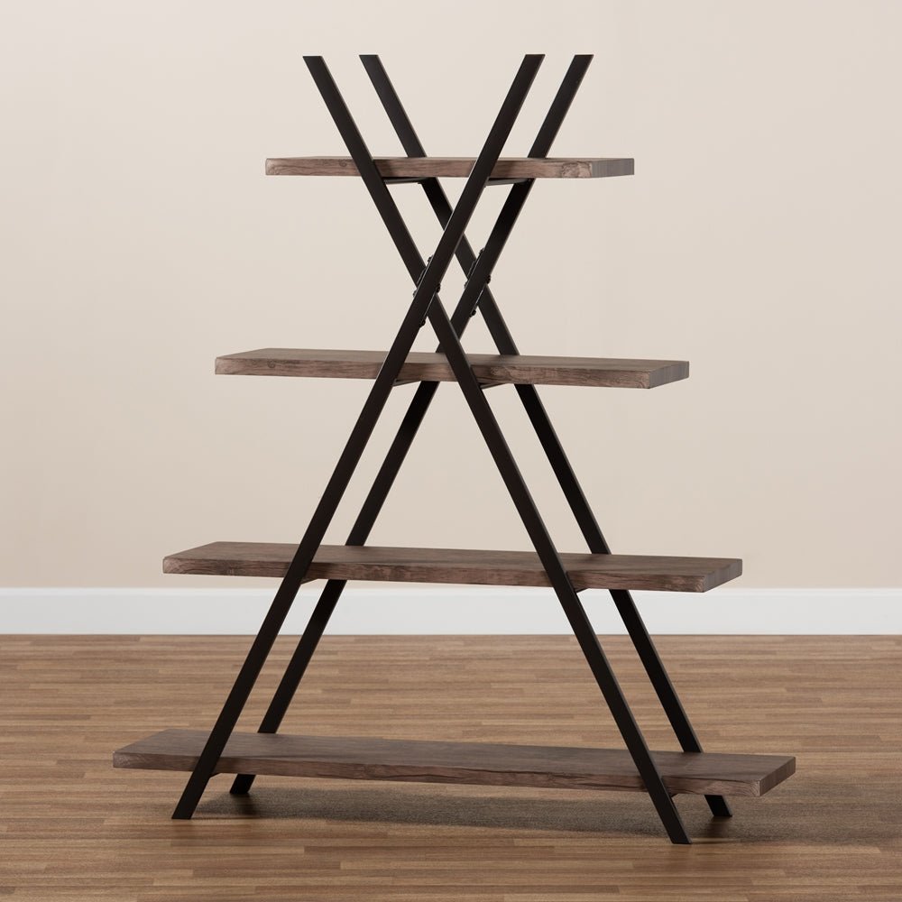 
                      
                        Baxton Studio Fiera Industrial Rustic Walnut Finished Wood And Black Metal 4 Tier Living Room Display Shelf - lily & onyx
                      
                    