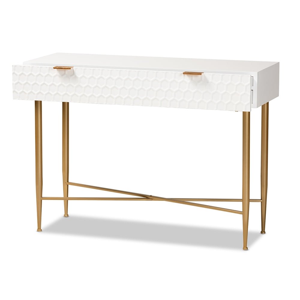 Load image into Gallery viewer, Baxton Studio Galia Modern And Contemporary White Finished Wood And Gold Metal 1 Drawer Console Table - lily &amp;amp; onyx
