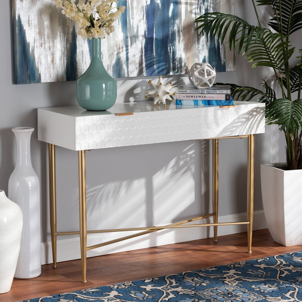 Baxton Studio Galia Modern And Contemporary White Finished Wood And Gold Metal 1 Drawer Console Table - lily & onyx