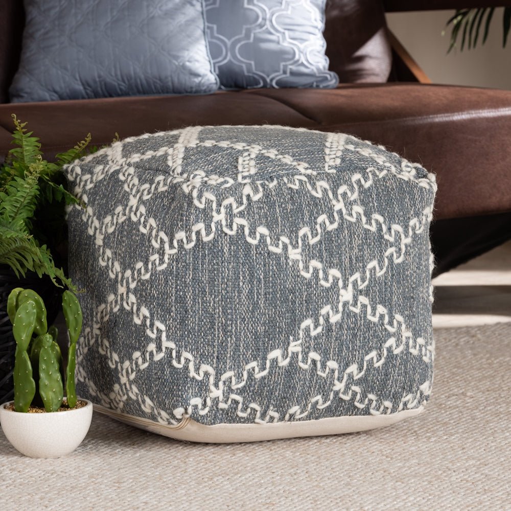 Baxton Studio Geyne Modern And Contemporary Bohemian Gray And Ivory Handwoven Cotton Blend Pouf Ottoman - lily & onyx