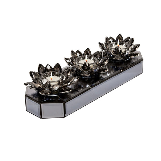 lily & onyx Glass 3 Lotus Mirrored Candle Holder, Black, 13"L - lily & onyx