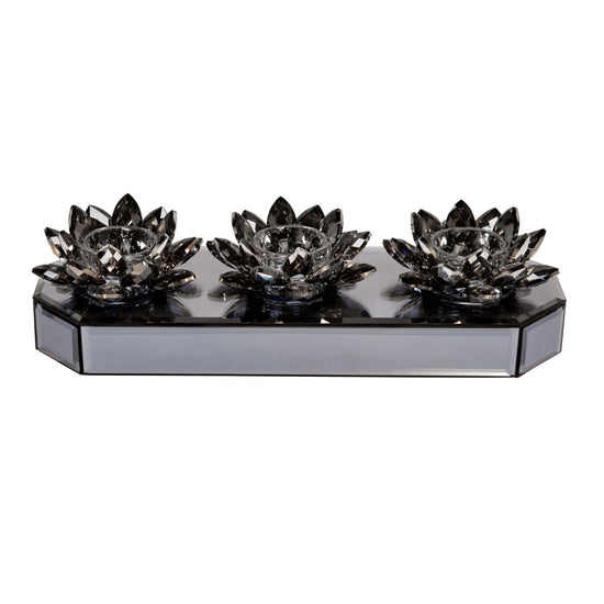 lily & onyx Glass 3 Lotus Mirrored Candle Holder, Black, 13"L - lily & onyx
