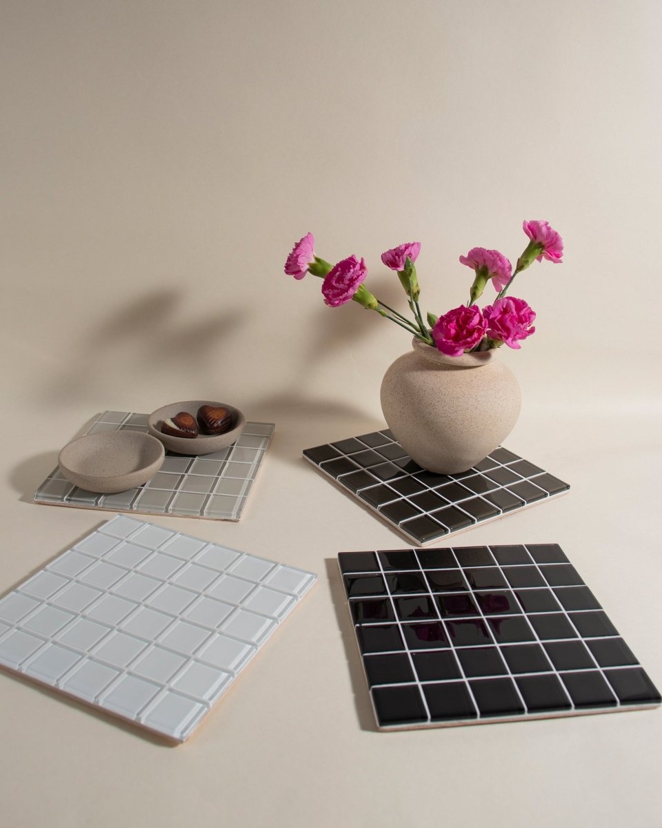 Subtle Art Studios Glass Tile Decorative Tray - Beige Canvas - lily & onyx