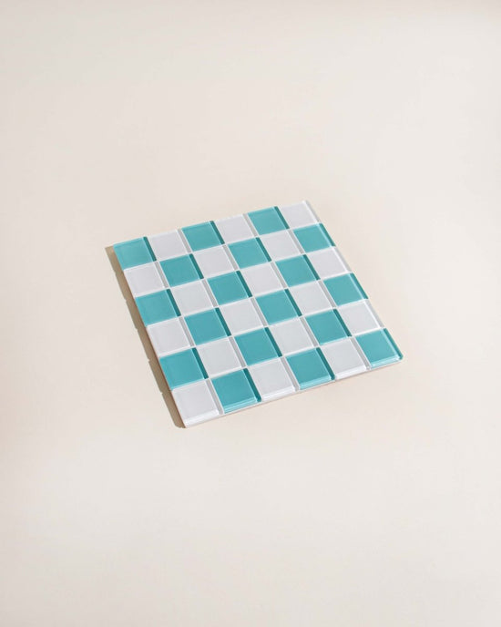 Subtle Art Studios Glass Tile Decorative Tray - Teal & White Checkered - lily & onyx