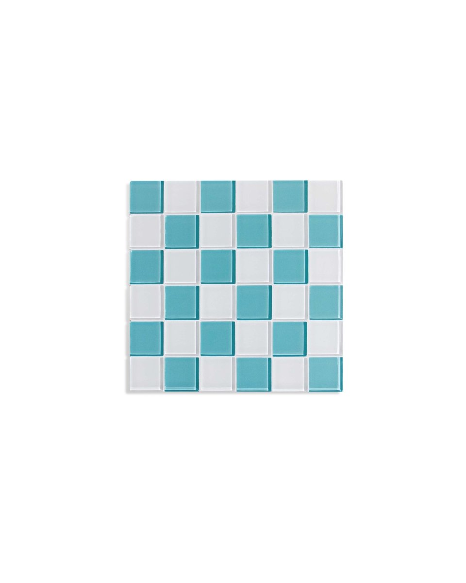 Subtle Art Studios Glass Tile Decorative Tray - Teal & White Checkered - lily & onyx