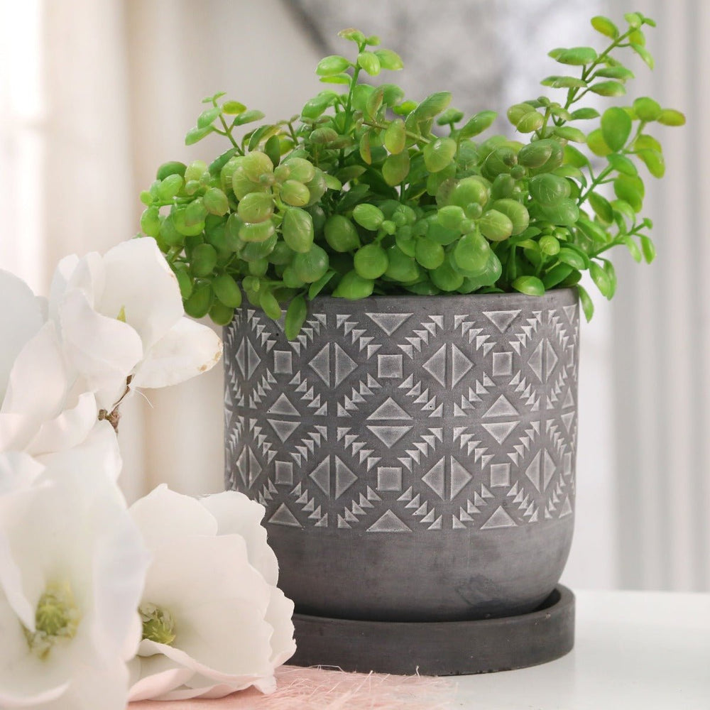 Sagebrook Home Gray Diamond Pattern Cement Planter with Saucer, 6 Inch - lily & onyx