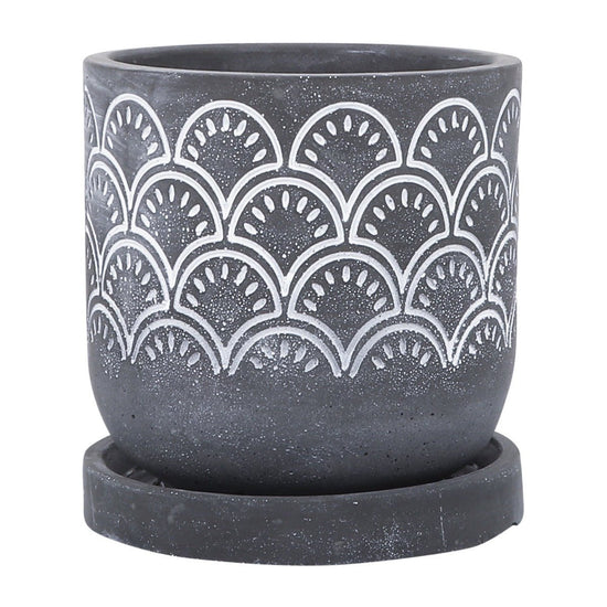Sagebrook Home Gray Fan Pattern Cement Planter with Saucer, 6 Inch - lily & onyx