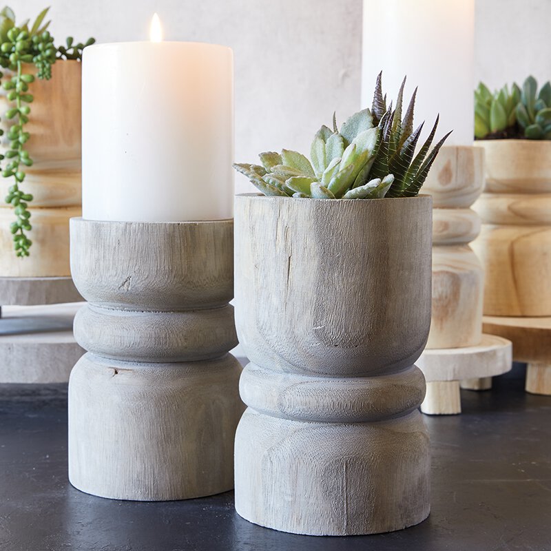 Santa Barbara Design Studio Gray Paulownia Wood Succulent Planter & Pillar Candle Holder - lily & onyx