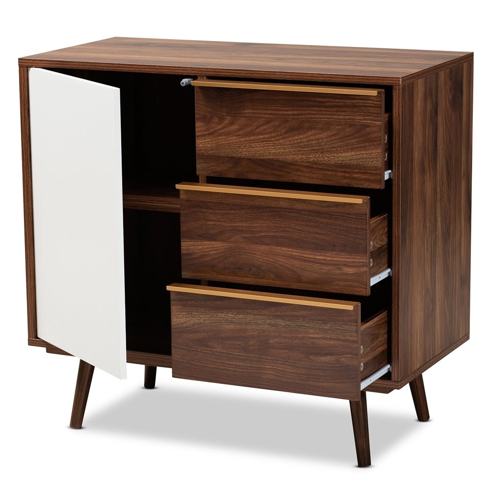 
                      
                        Baxton Studio Grover Mid-Century Modern Two-Tone Cherry Brown and White Finished Wood 1-Door Sideboard Buffet - lily & onyx
                      
                    
