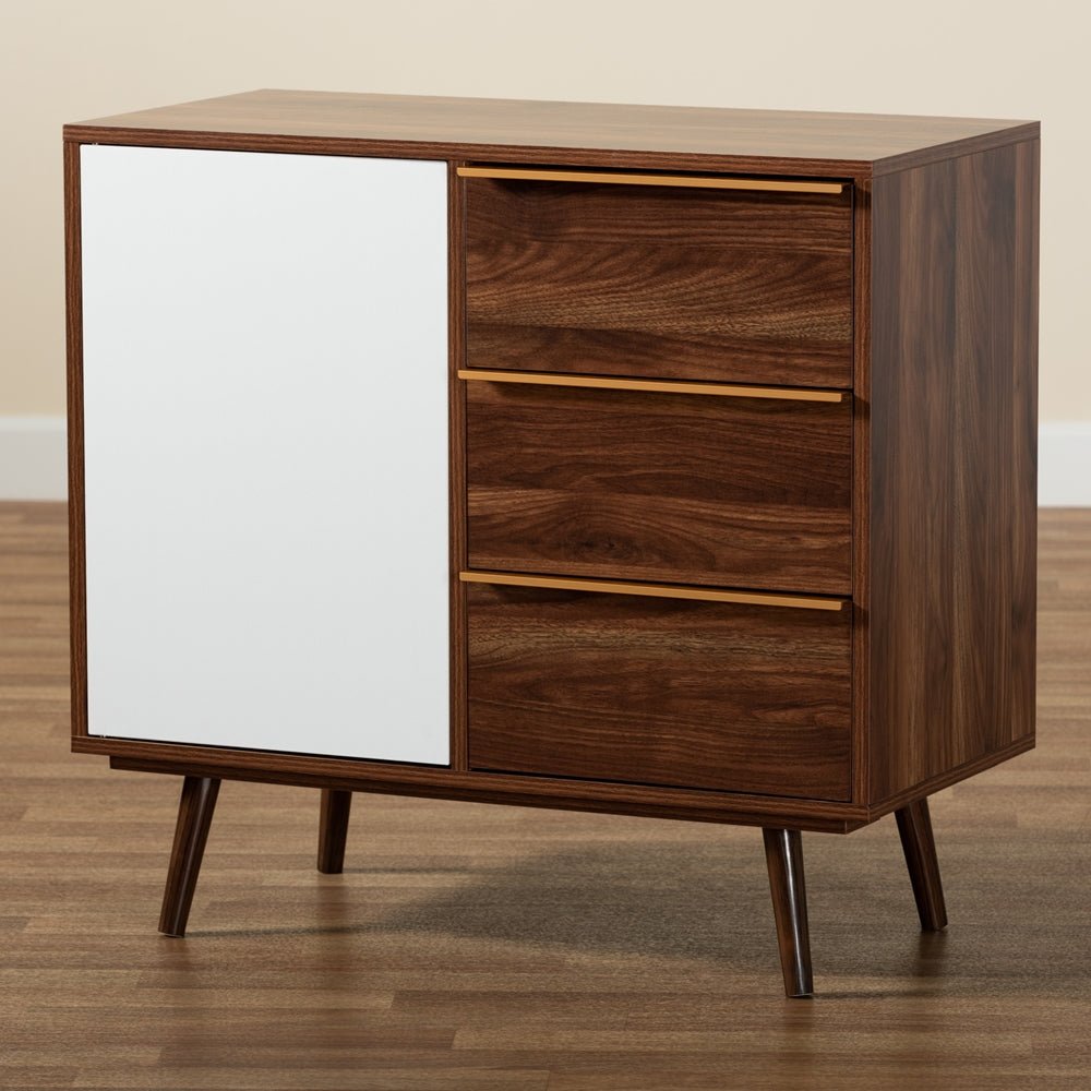 
                      
                        Baxton Studio Grover Mid-Century Modern Two-Tone Cherry Brown and White Finished Wood 1-Door Sideboard Buffet - lily & onyx
                      
                    