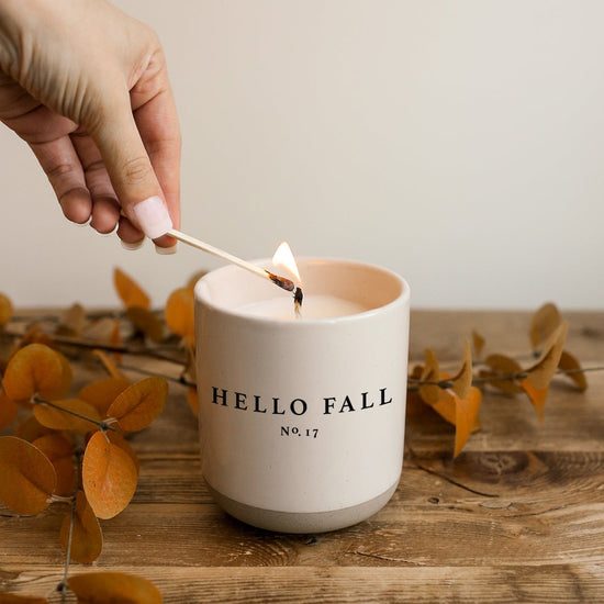 Load image into Gallery viewer, Sweet Water Decor Hello Fall Soy Candle - Cream Stoneware Jar - 12 oz - lily &amp;amp; onyx
