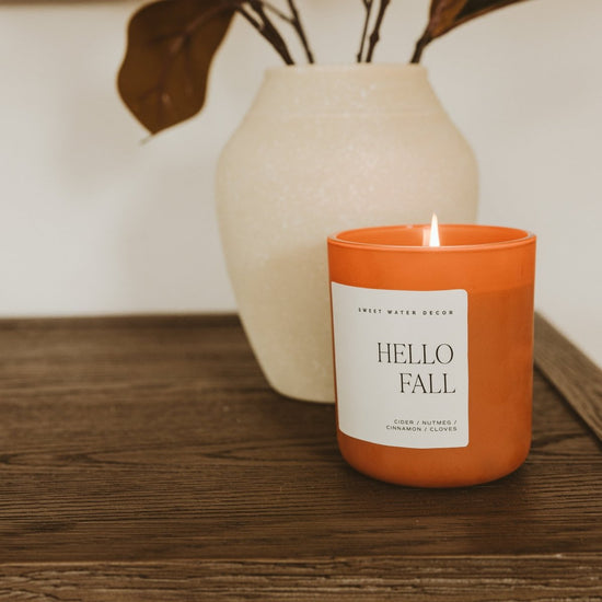 Load image into Gallery viewer, Sweet Water Decor Hello Fall Soy Candle - Orange Matte Jar - 15 oz - lily &amp;amp; onyx
