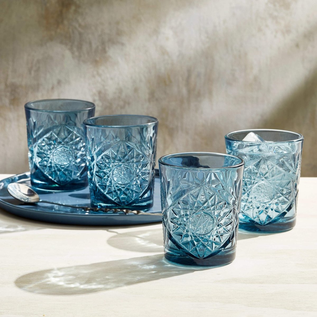 Libbey Hobstar Double Old Fashioned Glasses, 12 oz, Blue - Set of 4 - lily & onyx