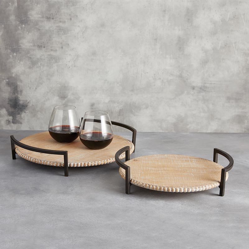 Sagebrook Home Iron Handle Wood Trays, Set of 2 - lily & onyx