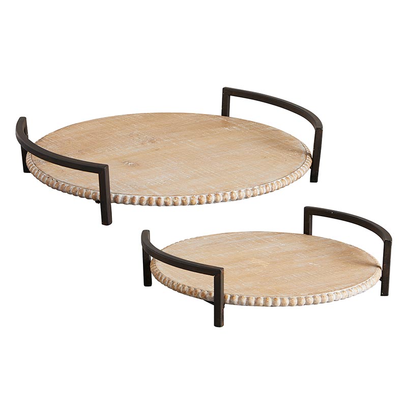 Sagebrook Home Iron Handle Wood Trays, Set of 2 - lily & onyx