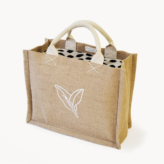 KORISSA Jute Canvas Gift Bag with Green Leaves - Nature - lily & onyx
