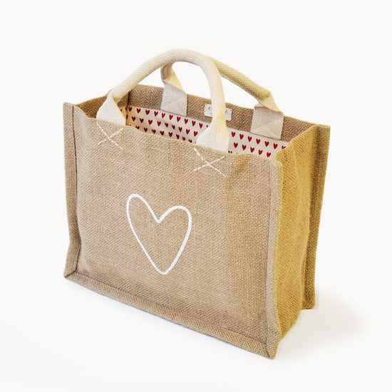 KORISSA Jute Canvas Gift Bag with Red Hearts - Love - lily & onyx