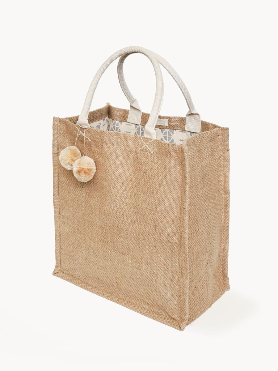 KORISSA Jute Canvas Market Bag With Pompom - lily & onyx