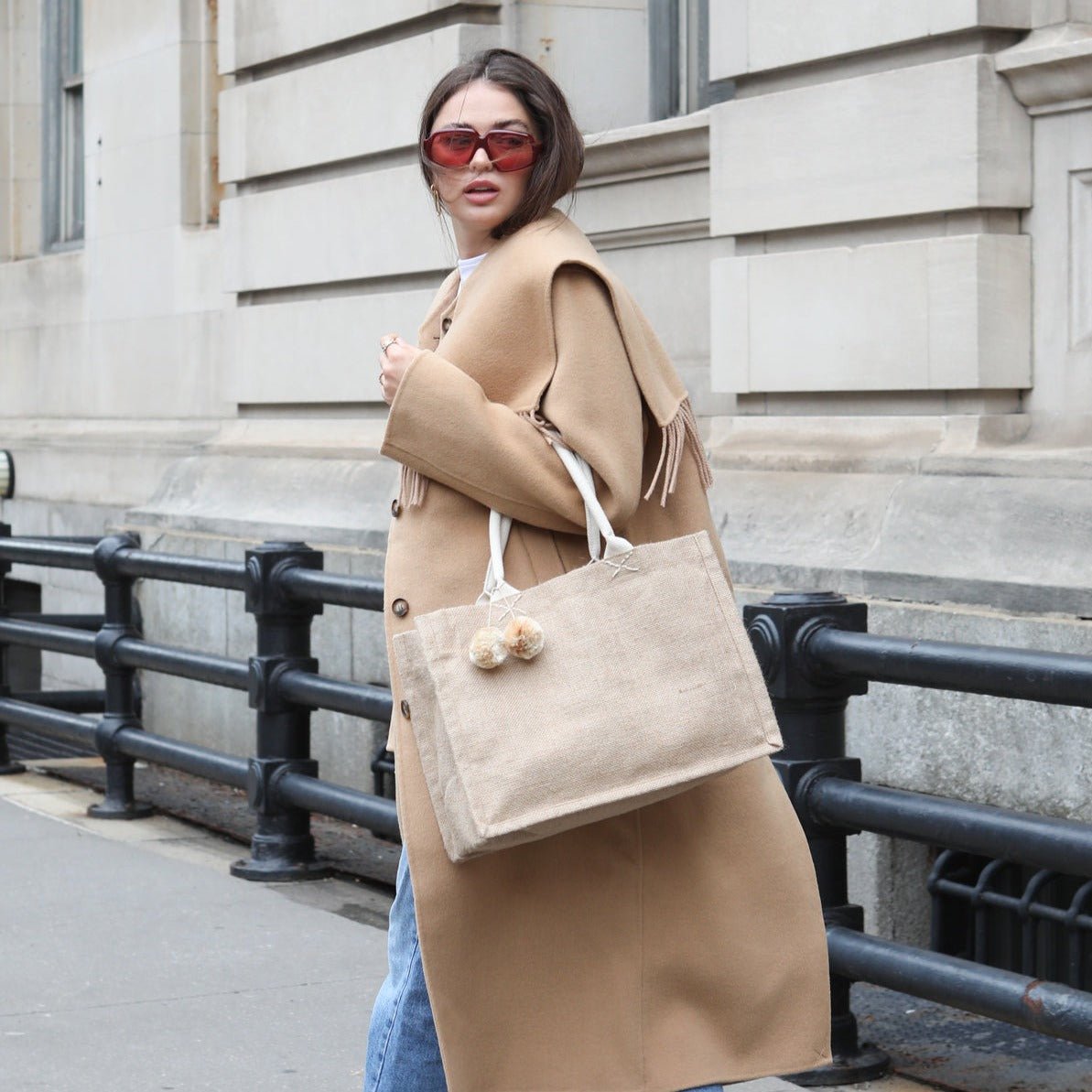KORISSA Jute Canvas Shopping Bag With Pompom - lily & onyx