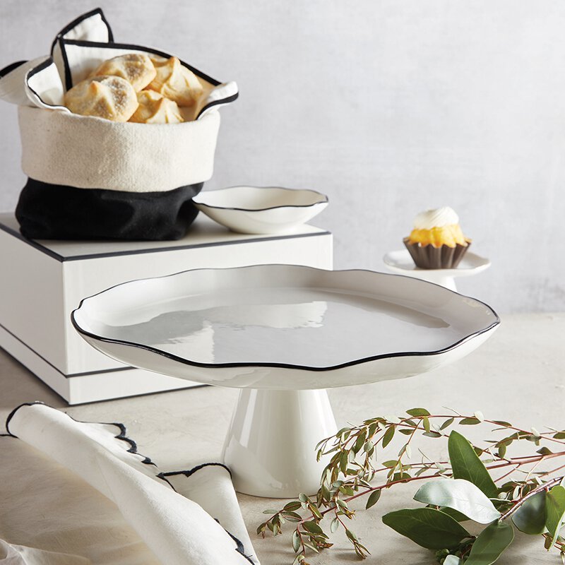 Santa Barbara Design Studio Large White Ceramic Pedestal Tray With Black Rim - lily & onyx