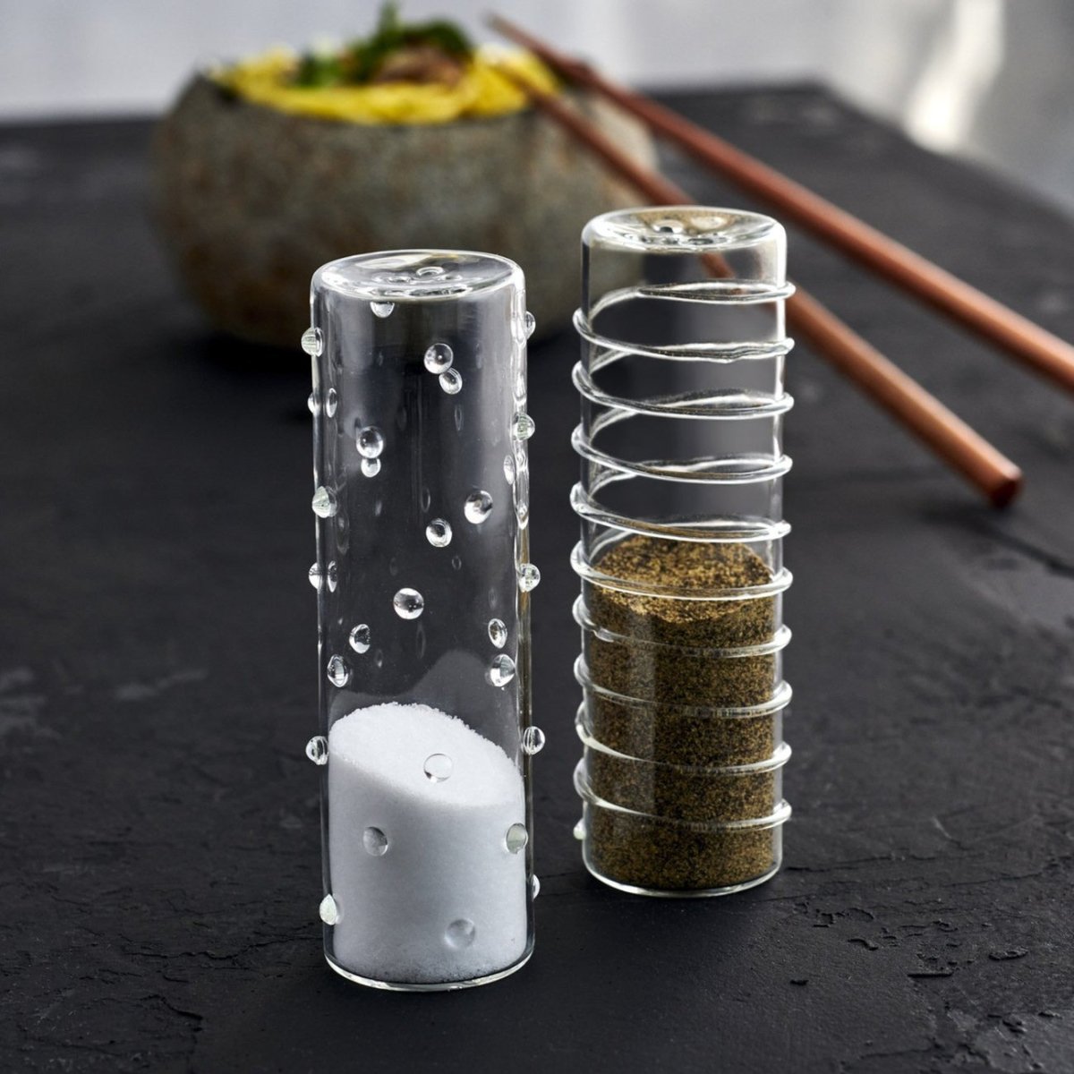 Load image into Gallery viewer, texxture Livenza™ Glass Salt &amp;amp; Pepper Shakers - lily &amp;amp; onyx
