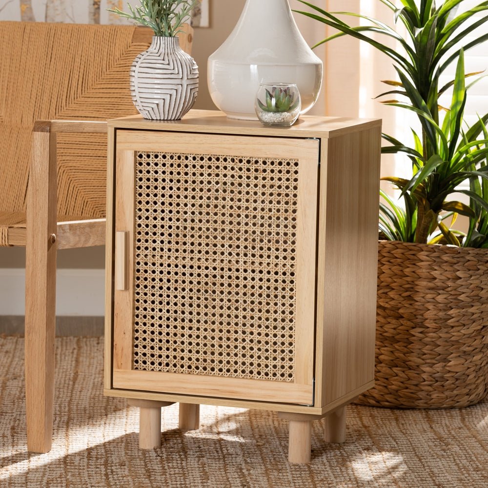 Baxton Studio Maclean Mid Century Modern Rattan And Natural Brown Finished Wood 1 Door Nightstand - lily & onyx