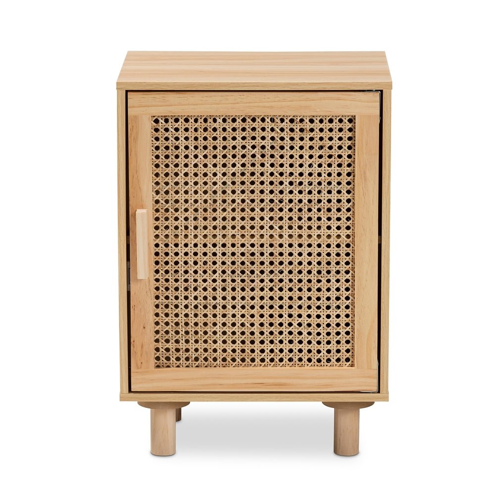 Baxton Studio Maclean Mid Century Modern Rattan And Natural Brown Finished Wood 1 Door Nightstand - lily & onyx