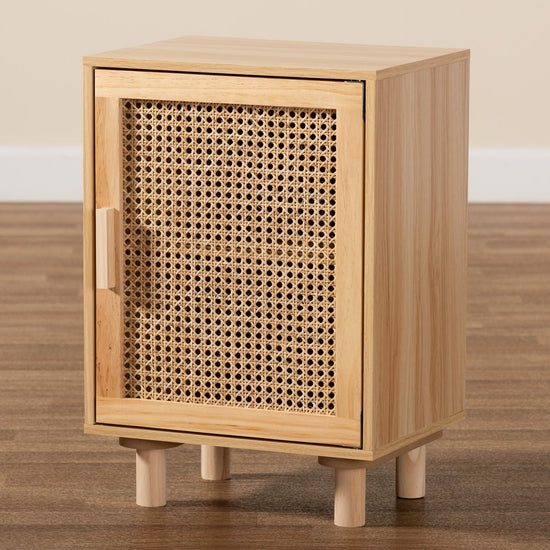 Baxton Studio Maclean Mid Century Modern Rattan And Natural Brown Finished Wood 1 Door Nightstand - lily & onyx