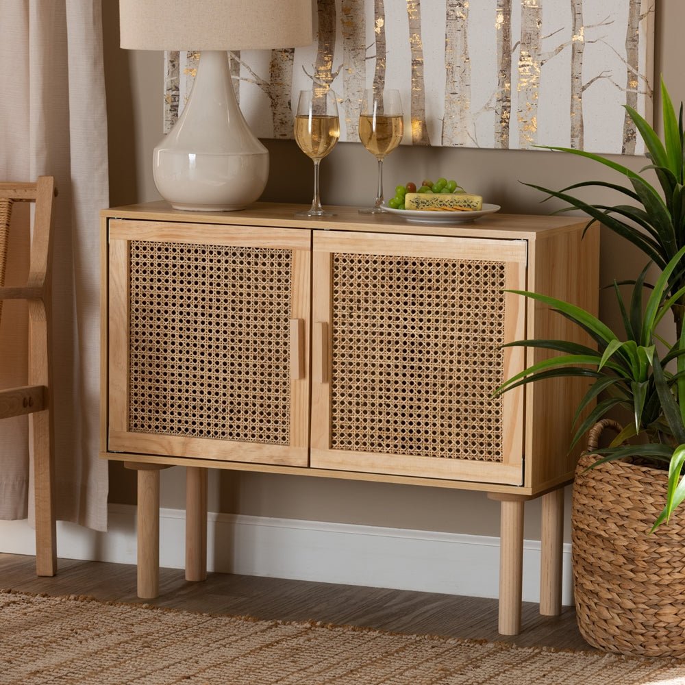 Baxton Studio Maclean Mid Century Modern Rattan And Natural Brown Finished Wood 2 Door Sideboard Buffet - lily & onyx