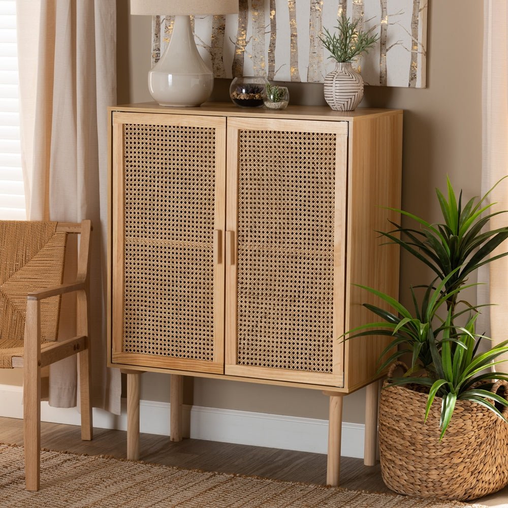 Crete Small Storage Cabinet with Drawers,5 Drawer Cabinet With Wood Texture  And Natural Rattan Storage Cabinet,Mint Finish-Maison Boucle