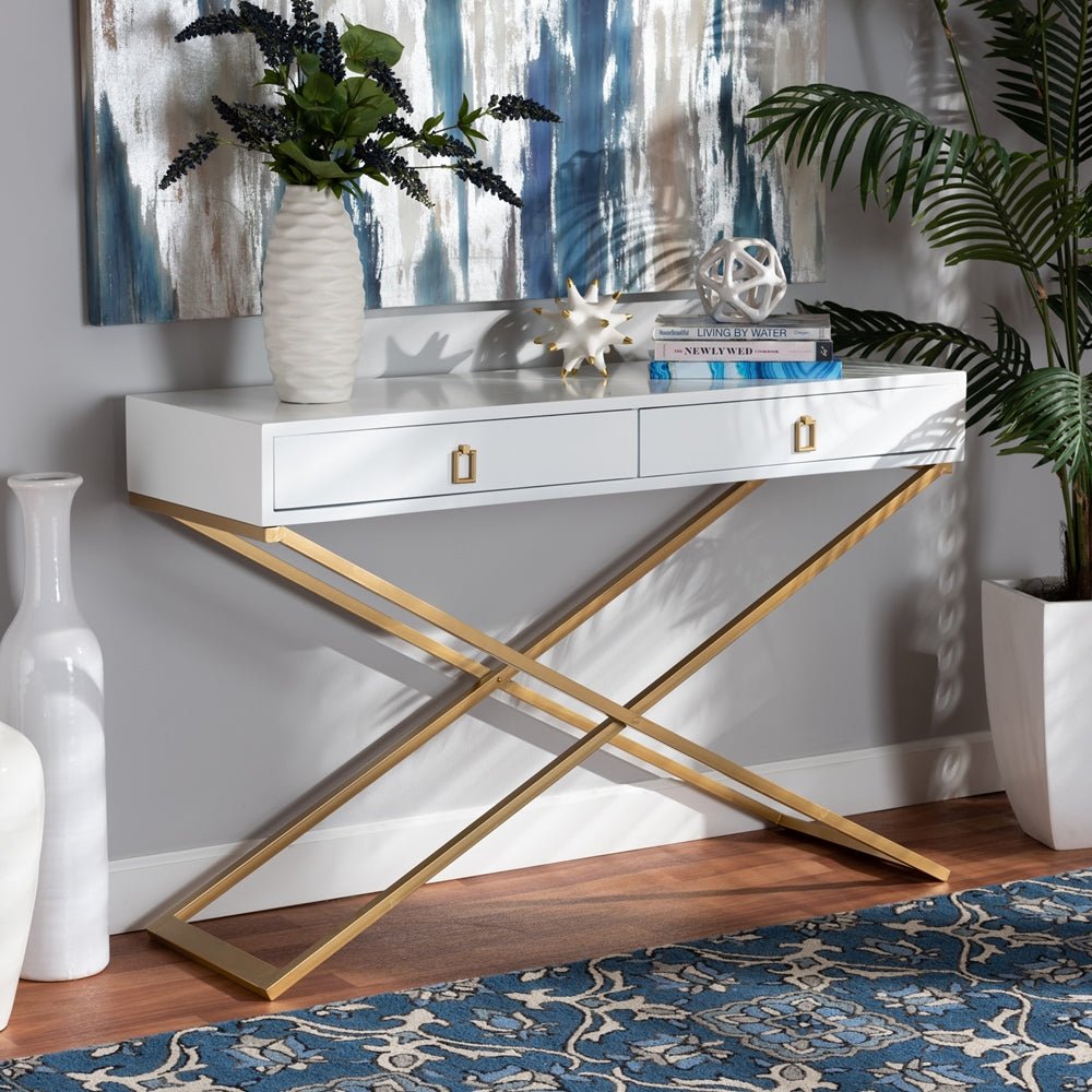 Baxton Studio Madan Modern And Contemporary White Finished Wood And Gold Metal 2 Drawer Console Table - lily & onyx