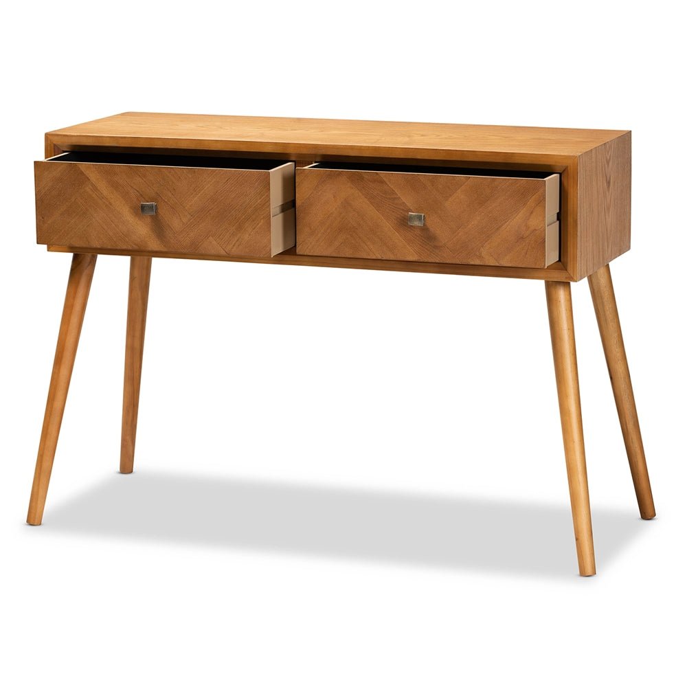 
                      
                        Baxton Studio Mae Mid Century Modern Natural Brown Finished Wood 2 Drawer Console Table - lily & onyx
                      
                    