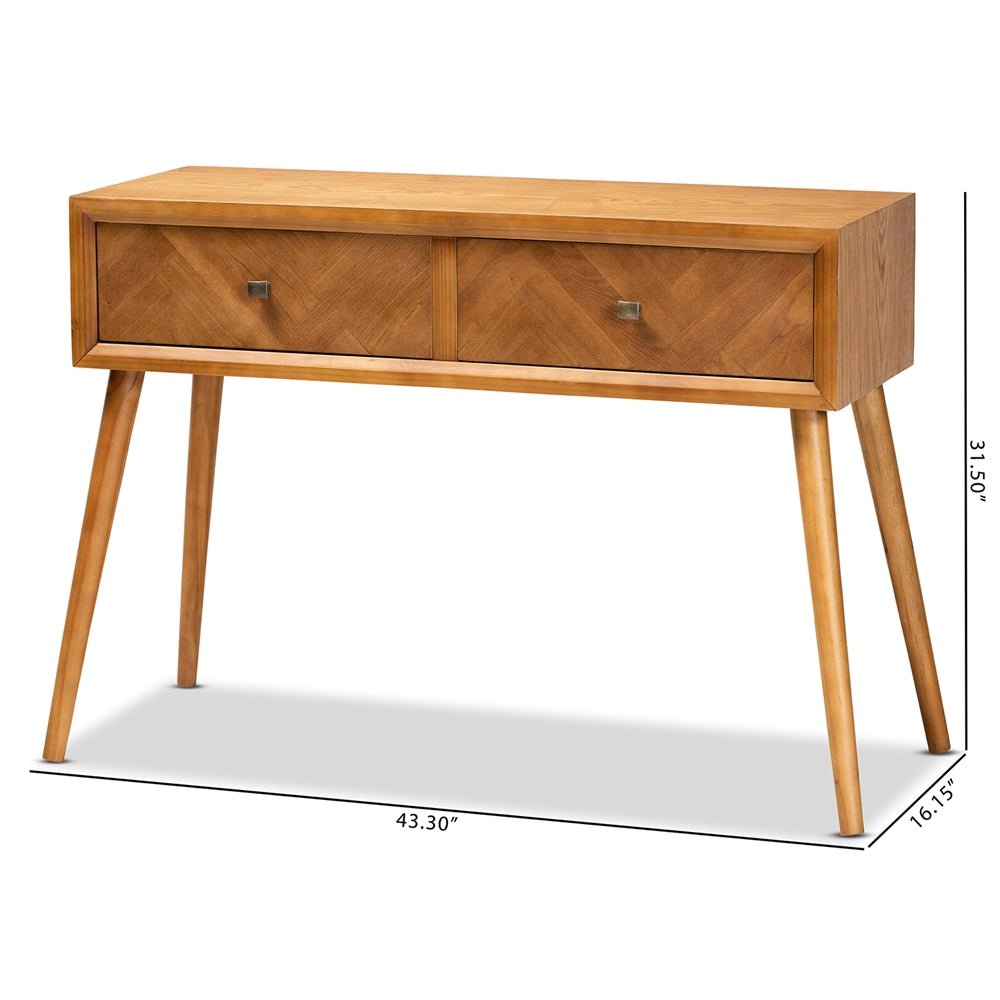 
                      
                        Baxton Studio Mae Mid Century Modern Natural Brown Finished Wood 2 Drawer Console Table - lily & onyx
                      
                    
