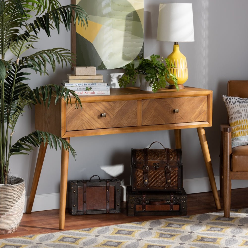 Baxton Studio Mae Mid Century Modern Natural Brown Finished Wood 2 Drawer Console Table - lily & onyx