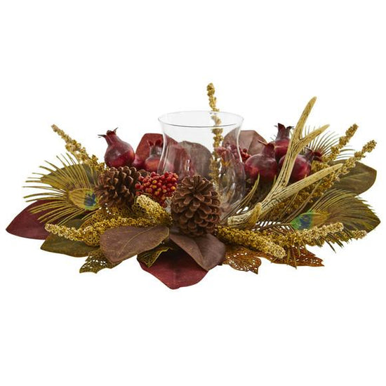 Nearly Natural Magnolia, Berry, Antler And Peacock Feather Artificial Candelabrum Arrangement - lily & onyx